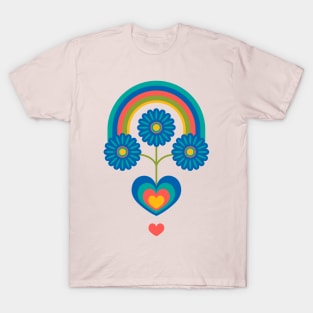 UNDER THE RAINBOW Folk Art Mid-Century Modern Scandi Floral With Flowers and Hearts on Pink - UnBlink Studio by Jackie Tahara T-Shirt